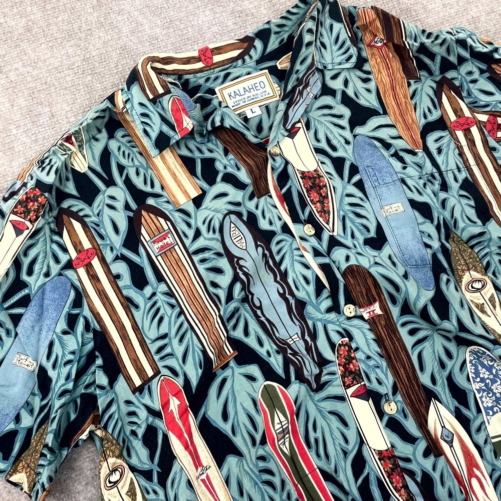 Kalaheo Hawaiian Shirt Mens Large Blue Surfboard Aloha Short Sleeve Button Up